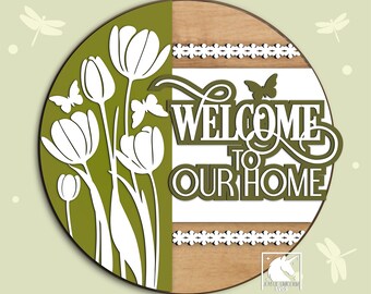 Letrero de bienvenida con tulipanes SVG, colgador de puerta rústico (descarga digital)