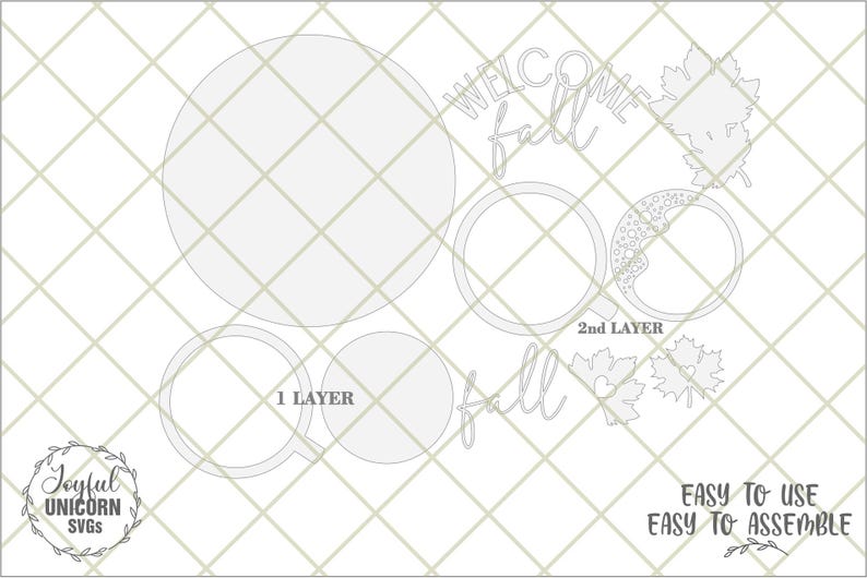 May include: A collection of fall-themed SVG cut files, including circular designs, maple leaves, and the words "Welcome Fall" and "fall". The design includes the text "1 LAYER" and "2nd LAYER". The image also includes the text "Easy to Use" and "Easy to Assemble".