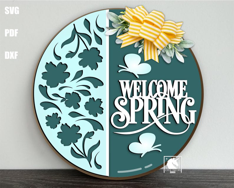 Welcome Spring Floral Pattern Sign SVG, Round Door Hanger, Digital ...