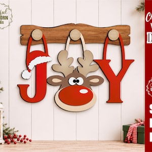 Interchangeable Christmas Wall Decor SVG, JOY Wall Peg Hanging Set of 3, Reindeer, Santa Hat Sign, Christmas Decor, Glowforge Laser Cut File