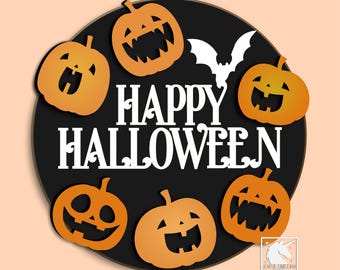 Happy Halloween Kürbisse Türschild SVG, süßes Halloween Willkommen rundes Zeichen SVG, Halloween Vorderseite Dekor, Glowforge, Cricut, Xtool-Datei