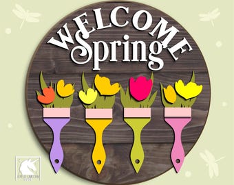 Letrero redondo de bienvenida a la primavera SVG, colgador de puerta de tulipán SVG, archivo compatible con Glowforge y Cricut, decoración de puerta de primavera SVG, archivo cortado con láser
