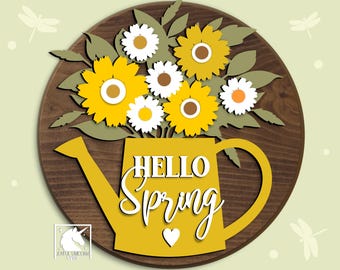 Spring Floral Watering Can Sign SVG, Hello Spring Door Hanger SVG, Spring Flower Watering Can SVG, Daisy Watering Can Sign, Laser Cut File