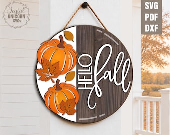 Hello Fall Pumpkins Sign SVG, Autumn Pumpkins Welcome Sign, Fall Door Hanger SVG, Fall Leaves Door Decor, Glowforge, Xtool, Cricut File