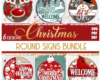 May include: A bundle of six Christmas-themed round signs. Designs include a reindeer with "JOY", a deer with "WELCOME", a snowman with "Let it Snow", ornaments with "Happy Holidays" and "Merry Christmas", and a cardinal with "WELCOME".