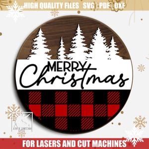Merry Christmas Trees Door Hanger SVG, Winter Pine Tree Forest Round Sign SVG, Christmas Welcome Front Door Sign, Christmas Laser Cut File