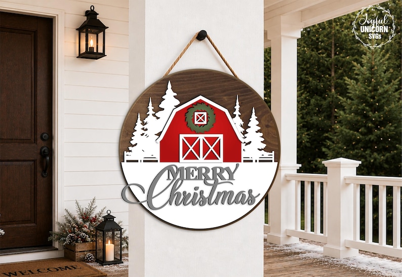 Merry Christmas Barn Door Hanger SVG, Christmas Farmhouse Round Wood ...