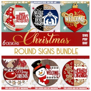 Merry Christmas Door Hanger SVG Bundle, Christmas Welcome Signs Bundle, Winter Holiday Signs SVG, Christmas Round Signs, Laser Cut Files