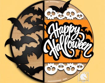 May include: A circular Halloween-themed design featuring black bats, white skulls, and the words "Happy Halloween" in a stylized font. The design is split between a wood-grain texture and orange background. Text at the top reads "HIGH QUALITY FILES SVG | PDF | DXF".