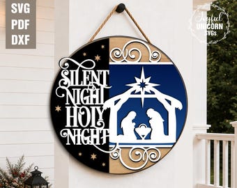 Silent Night Holy Night Door Hanger SVG, Christmas Nativity Scene SVG, Religious Laser Cut File, Digital File for Cricut, Glowforge, Xtool