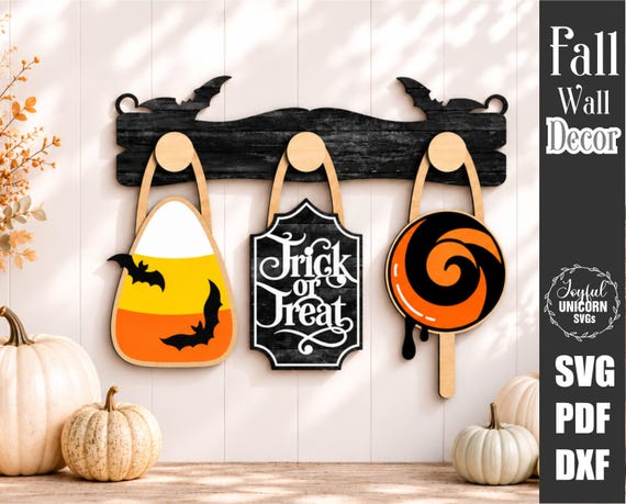 Halloween Interchangeable Wall Decor SVG, Trick or Treat Sign, Candy Corn Lollipop Wall Sign, Laser Cut File, Glowforge CNC Pattern