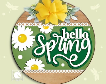 Hello Spring Round Sign SVG, Spring Daisy Floral Door Sign SVG, Spring Laser Cut Door Hanger, Daisy Flower Welcome Sign SVG, Glowforge File