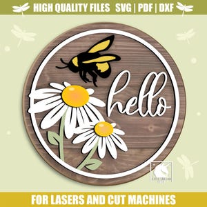 May include: A round wooden sign with a white border, featuring a bee and daisies. The word "hello" is written in cursive. The sign is designed for laser and cut machines. The text "HIGH QUALITY FILES SVG | PDF | DXF" is at the top.