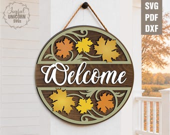 Maple Leaf Welcome Sign SVG: Fall Door Hanger Laser Cut File (Digital Download