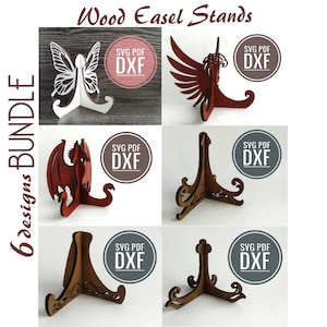 May include: A bundle of six wooden easel stands in various designs, including a butterfly, dragon, and stylized shapes. The stands are in shades of brown and red, with the text "Wood Easel Stands" and "6 designs BUNDLE" visible.