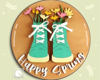 Glückliches Frühling rundes Zeichen SVG, Frühlingsstiefel mit Blumen Zeichen SVG, Bauernhaus Frühlingszeichen SVG, Frühling Laser geschnitten Datei für Glowforge, Xtool