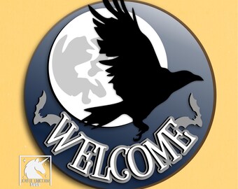 Halloween Raven Welcome Sign SVG, Halloween Moon Door Hanger SVG, Halloween Laser Cut File, Glowforge, Cricut, CNC Ready File
