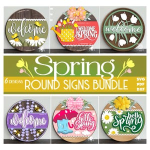 Pacchetto SVG di cartelli rotondi di benvenuto primaverile, appendini per porte primaverili, pacchetto SVG di cartelli per porte tagliati al laser, file pronti per Glowforge, Cricut, Xtool