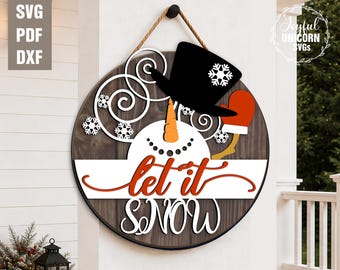 Let It Snow Snowman Door Hanger SVG, Christmas Snowman Round Wooden Sign SVG, Winter Welcome Sign, Glowforge Laser Cut File, Christmas Decor