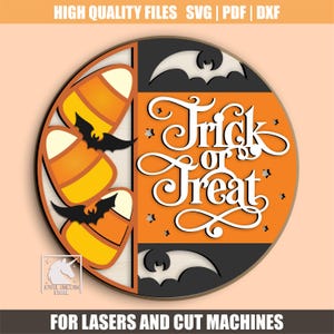Trick or Treat Door Hanger SVG, Halloween Candy Corn Round Wood Sign, Halloween Bat Welcome Sign SVG, Glowforge, Cricut, CNC Ready File