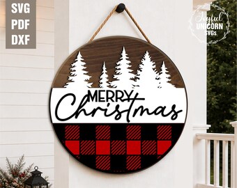 Merry Christmas Trees Door Hanger SVG, Winter Pine Tree Forest Round Sign SVG, Christmas Welcome Front Door Sign, Christmas Laser Cut File