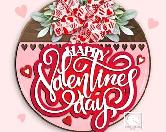 Happy Valentine's Day Door Hanger SVG, Valentines Day Welcome Round Sign, Hearts Laser Cut File, Valentine SVG, Glowforge, Xtool Ready File
