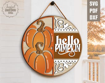Hej pumpa välkomstskylt SVG, gårdspumpor dörrhängare SVG, höst laserskuren fil för Glowforge, Cricut, CNC, höstens ytterdörrskylt