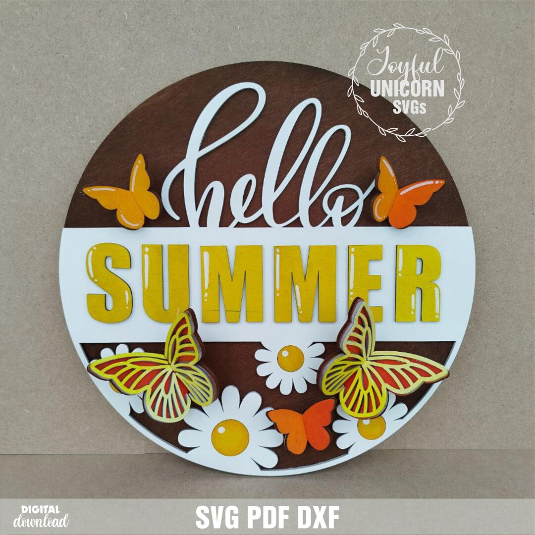 Hello Summer 3D Door Hanger SVG, 3D Butterfly SVG Laser Cut Sign ...