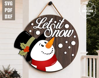Let It Snow Christmas Welcome Sign SVG, Snowman Door Hanger SVG, Winter Snowman Laser Cut File, Christmas Front Porch Sign, Christmas Decor
