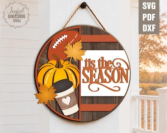 Tis the Season Welcome Sign SVG, Fall Football Door Hanger SVG, Pumpkin Autumn Decor DXF, Fall Laser Cut File for Glowforge, Cricut, Xtool