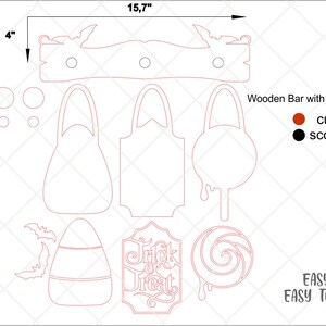 Puede incluir: Un archivo vectorial digital para corte l&aacute;ser que presenta una barra de madera con ganchos que mide 15,7 pulgadas por 4 pulgadas. El dise&ntilde;o incluye varias formas tem&aacute;ticas de Halloween como murci&eacute;lagos, ma&iacute;z dulce, una paleta y un letrero con el texto Trick or Treat.