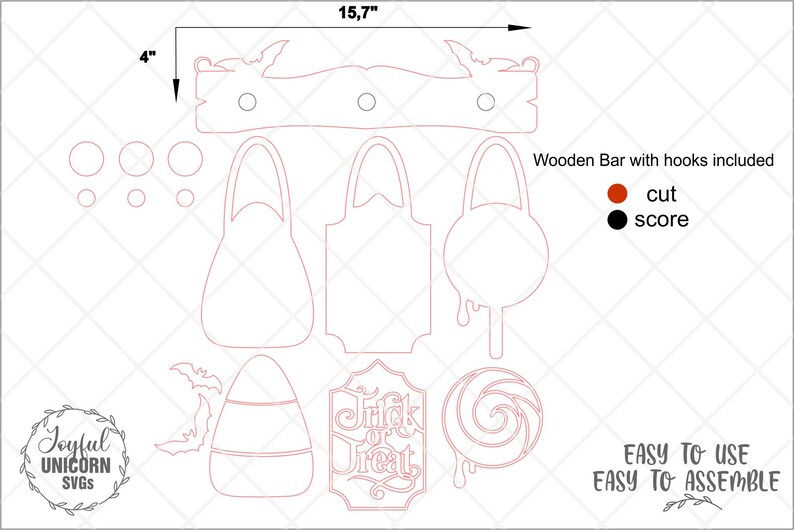 Puede incluir: Un archivo vectorial digital para corte l&aacute;ser que presenta una barra de madera con ganchos que mide 15,7 pulgadas por 4 pulgadas. El dise&ntilde;o incluye varias formas tem&aacute;ticas de Halloween como murci&eacute;lagos, ma&iacute;z dulce, una paleta y un letrero con el texto Trick or Treat.
