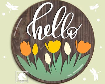 Letrero de puerta de tulipán SVG, letrero de bienvenida de primavera, archivo cortado con láser (descarga digital)