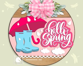 Hallo Frühling Regenschirm Rundes Zeichen SVG, Frühling Regen Stiefel Türhänger SVG, Laser geschnitten Datei für Glowforge, Xtool, Rainy Day Willkommen Zeichen DXF