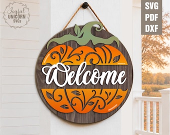 Floral Fall Pumpkin Welcome Sign SVG, Autumn Pumpkin Door Hanger SVG, Fall Laser Cut File, Autumn Round Welcome Sign, Glowforge Cut File