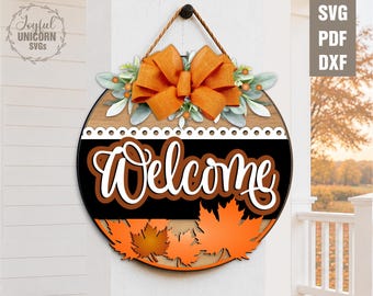 Fall Leaves Welcome Sign SVG, Maple Leaves Round Wooden Sign SVG, Fall Door Hanger SVG, Autumn Leaves Door Hanger Cut File, Digital Download