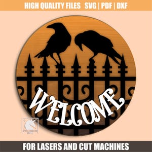 Halloween Raven välkomstskylt SVG, gotiskt staket dörrhängare SVG, Black Crow verandaskylt, Glowforge, Cricut, CNC-klar fil