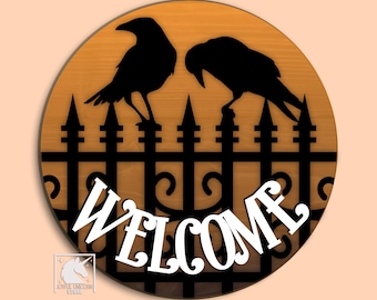 Halloween Raven Welcome Sign SVG, Gothic Fence Door Hanger SVG, Black Crow Front Porch Sign, Glowforge, Cricut, CNC Ready File