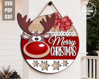 Merry Christmas herten deurhanger SVG, kerst rendieren welkom ronde bord, schattige rode neus rendieren teken SVG, Glowforge kerstbestand DXF