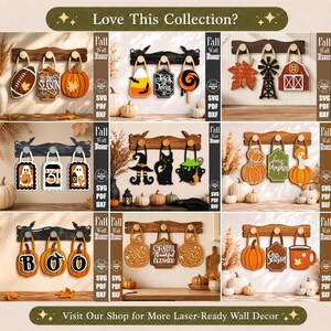Puede incluir: Una colecci&oacute;n de ocho conjuntos de decoraci&oacute;n de pared de madera cortada con l&aacute;ser con temas de oto&ntilde;o y Halloween. Cada conjunto incluye un colgador de madera horizontal con tres ganchos que exhiben adornos colgantes variados.