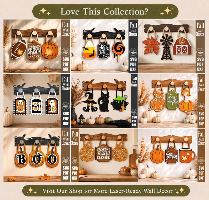Puede incluir: Una colecci&oacute;n de ocho conjuntos de decoraci&oacute;n de pared de madera cortada con l&aacute;ser con temas de oto&ntilde;o y Halloween. Cada conjunto incluye un colgador de madera horizontal con tres ganchos que exhiben adornos colgantes variados.