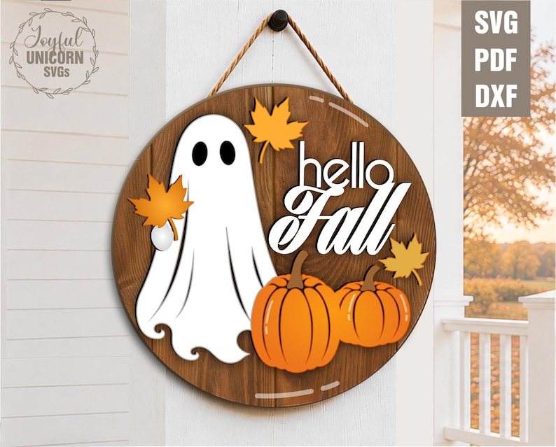 Hello Fall Ghost Door Hanger SVG, Halloween Ghost Sign, Pumpkin Fall Porch Decor, Round Wood Sign, Glowforge Laser Cut File