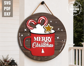 Hot Cocoa Mug Türschild SVG: Weihnachten Willkommensschild, Laser Cut Datei