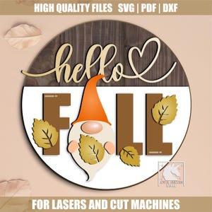 Hello Fall Gnome Round Wood Sign SVG, Fall Gnome Door Hanger DXF, Autumn Leaves Front Door Sign, Laser Cut File for Glowforge Cricut Xtool