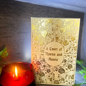 May include: A white book with a gold foil design of roses and vines. The title "A Court of Thorns and Roses" is printed in gold on the front cover.