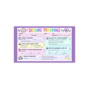 May include: A rectangular seizure tracking form with a purple border, featuring sections for student details, timing, symptoms, clinical observations, emergency medication, and post-ictal assessment. The document includes colorful icons.