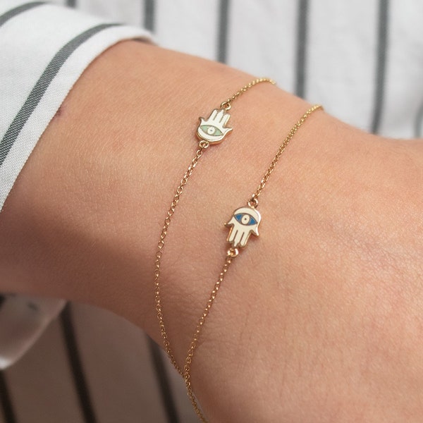 Extra Tiny Hamsa Evil Eye Bracelet 14k Solid Gold White Charm Rose Gold Yellow Protection Charm Gift for Her Bridal Christmas minimal