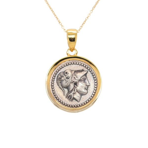 Athena Goddess Coin Necklace: Oxidized Sterling Silver & Solid Gold, 9k 14k or 18k /  JP1062-1031