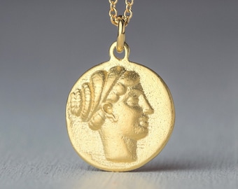 Solid Gold Greek Goddess Coin Necklace / Unique Ancient Greek Disk Pendant / 9k 14k 18k gold