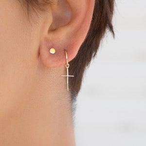 Hoop Earring with cross in 14k / Solid Gold Single or Pair / Unisex Dangle Earrings image 2